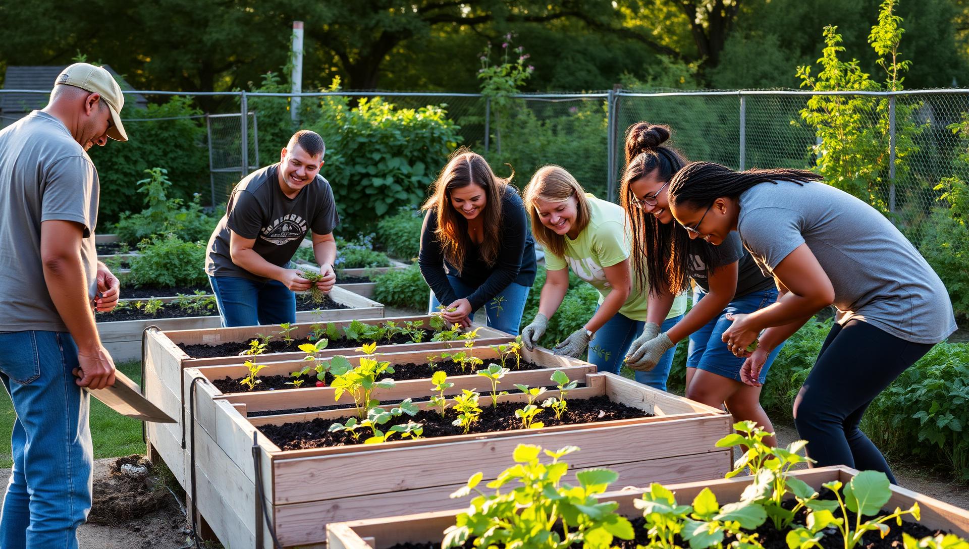 Volunteers of many backgrounds planting seedlings in raised beds at a Global One urban farm at golden hour