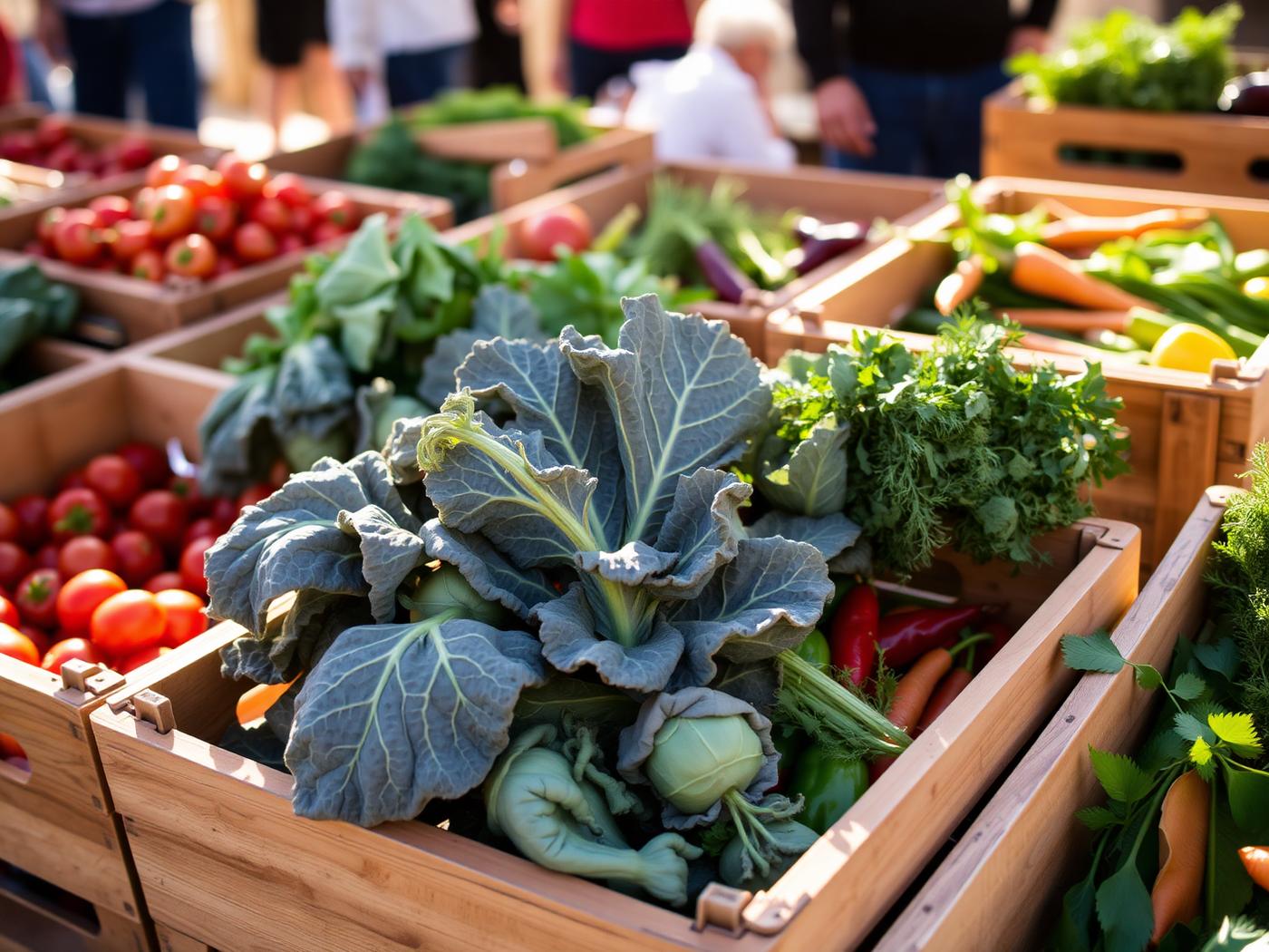 Crates of freshly harvested vegetables at a free community distribution